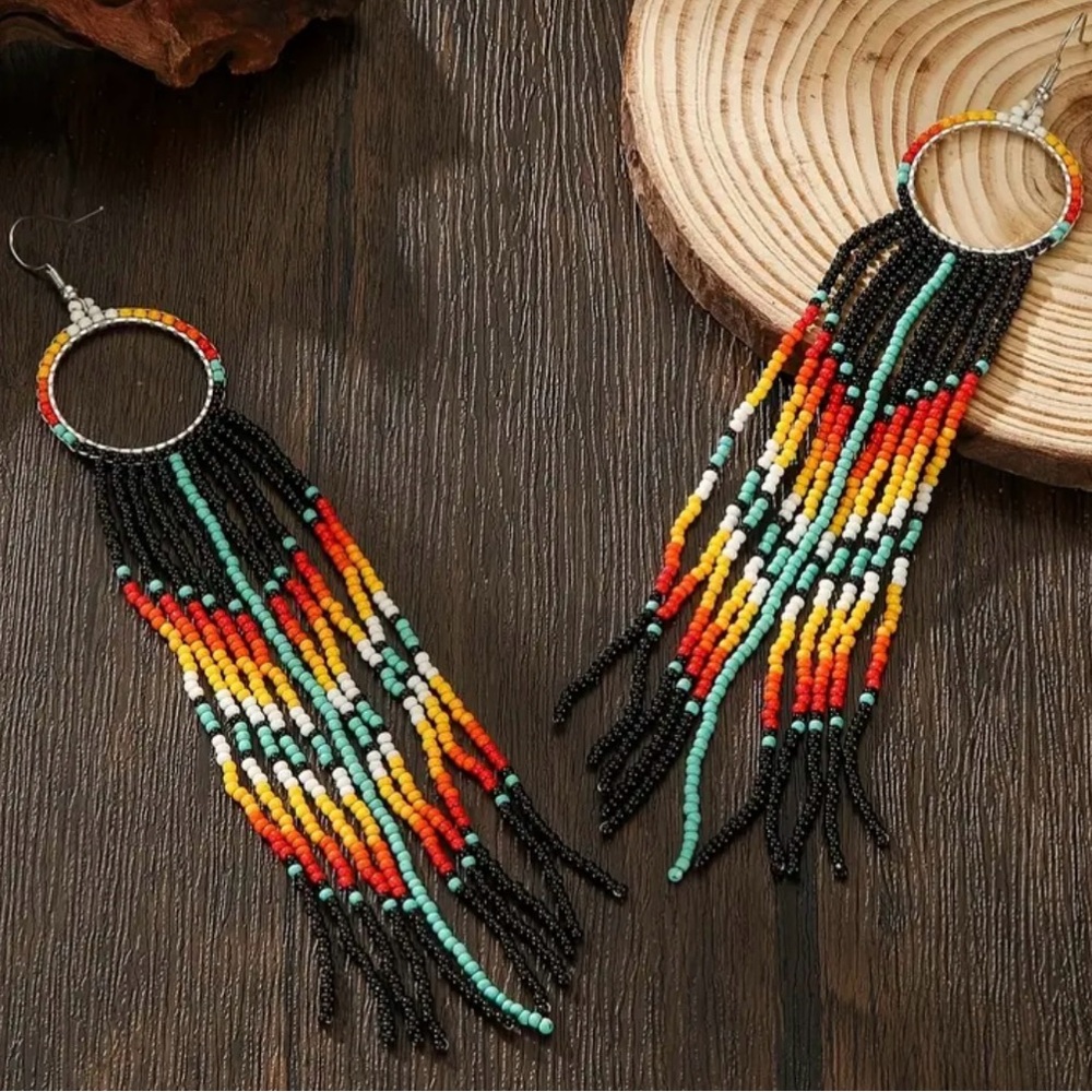 Black red turquoise yellow beaded tribal dangle fringe earrings
